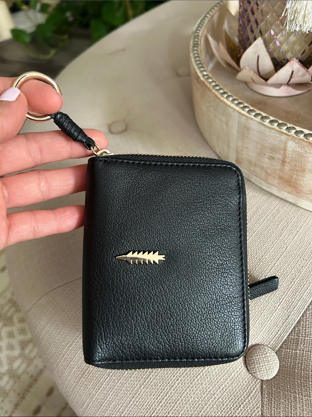 Thacker Black Leather Zip-Around Card Wallet with Gold Accent